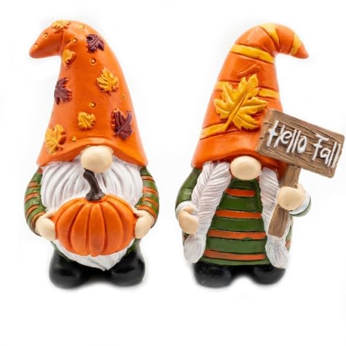Cute 2 PCS Gnomes Statues Decor, Resin Figurines and Sculpture Décor, for Indoor Outdoor Yard Lawn Garden Home Patio Farmhouse Kitchen Table Decoration(Pumpkin and Fall) - style: Pumpking & "Hello Fall" Sign-Holding