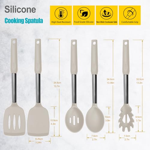 Silicone Spatula and Cooking Spoon,5 Pack Non-Stick Cooking Utensils for Kitchen，Heat Resistant Solid & Slotted Spoons and Spatulas, Stainless Steel Handle Coated with Silicone, Khaki - color: Khaki