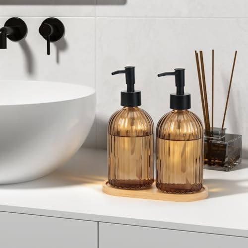Glass Soap Dispenser Set with Wood Tray, Glass Soap Dispenser with Plastic Pump, Hand and Dish Set for Bathroom Decor (Amber)