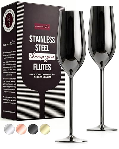 Gusto Nostro Stainless Steel Black Champagne Flutes Set of 2 - Unique, Unbreakable, Colorful Metal Champagne Glasses - Modern Toasting Flutes - Luxury Wedding Gifts for Couple - Wedding Registry Idea - color: Black, size: Set of 2