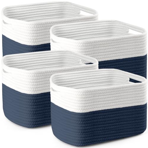 4 Pack Storage Baskets for Organizing, 11''Lx9''Wx8''H Woven Baskets for Storage Toys, Towels, Books, and Clothes, Cotton Rope Basket for Shelves with Handle - color: White & Navy blue, size: Large