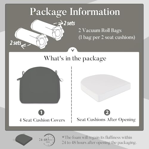 Basic Beyond Outdoor Cushions for Patio Furniture: Waterproof & UV Resistant Outdoor Chair Cushions Set of 4-19 x 19 x 3 Inch Thick Patio Chair Cushions with Adjustable Ties & Handle, Dark Grey - color: Dark Grey