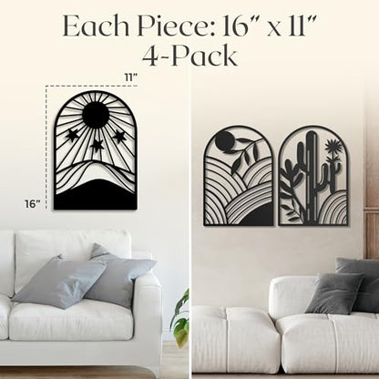 GALLERY GRACE Metal Wall Art Decor – 11" x 16", 4Pc Single Line Abstract Wall Art for Living Room, Bedroom, Office – Boho Minimalist Black Wall Decor Featuring Sun, Moon, Landscape & Desert Panels | 11 x 16 In Panels, Sun, Moon, Landscape and Desert Desig