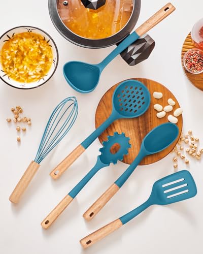 Kitchen Utensils Set, 13PCS Silicone Cooking Utensils, Heat Resistant Kitchen Utensil Spatula Set for Nonstick Cookware, Wooden Handles Kitchen Gadgets Tools Set (BLUE) - color: Blue