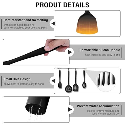 HaWare 11 PCS Silicone Cooking Utensils Set, Black | Heat Resistant, Kitchen Utensils with Holder, Food-grade Spatula Sets for Nonstick Cookware, Include Fish Turner, Spoon - color: Black