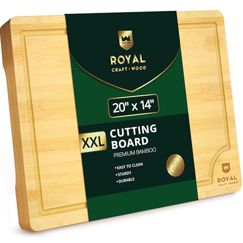 ROYAL CRAFT WOOD Bamboo Cutting Board with Juice Groove - Kitchen Chopping Board for Meat Cheese and Vegetables, Heavy Duty Serving Tray - color: Natural, size: 20"L x 14"W