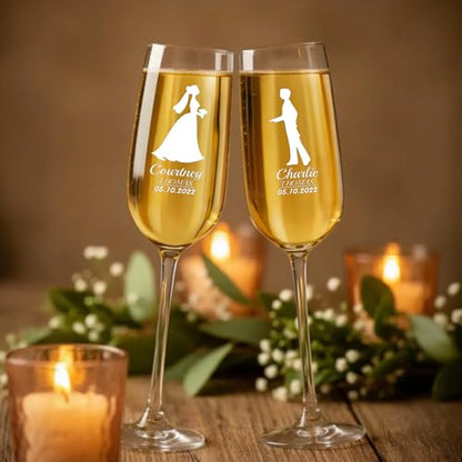 Personalized Bride and Groom Champagne Flutes – Engraved Wedding Glasses with Silhouette Design, Custom Names & Date, Wedding Toast Glasses (Champagne Flutes-D4) - color: Champagne Flutes-D4