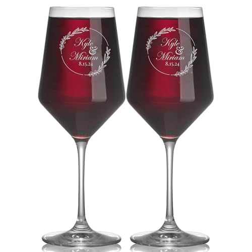 Personalized Wedding Wine Glasses, Engraved Mr & Mrs Wine Glass | Custom Crystal Glass for Bride and Groom, 18oz Wedding Glasses, Personalized Gifts for Couples, Husband and Wife, Newlyweds - color: Crystal Wine, size: Wreath