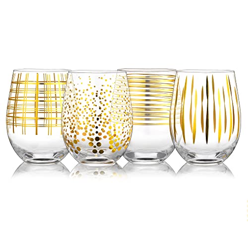 Joeyan Hand Blown Stemless Wine Glasses with Gold Dots Swirls Grids Strips Pattern for Red White Wine,Large Drinking Glass Cups,Wine Glass Tumblers for Wedding Party Home,Set of 4,17.5 oz - color: Gold Dots Swirls Strips Grids Patterned