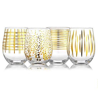 Joeyan Hand Blown Stemless Wine Glasses with Gold Dots Swirls Grids Strips Pattern for Red White Wine,Large Drinking Glass Cups,Wine Glass Tumblers for Wedding Party Home,Set of 4,17.5 oz - color: Gold Dots Swirls Strips Grids Patterned
