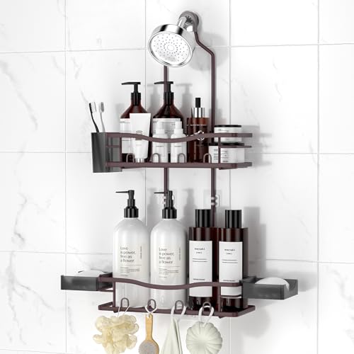 Rustproof Shower Caddy Hanging with Soap Holders for Bathroom, Bronze | Shower Organizer with Multi Hooks Toothbrush Holder, No Drilling, Anti-Swing, Storage for Shampoo Conditioner Body Wash - color: Bronze