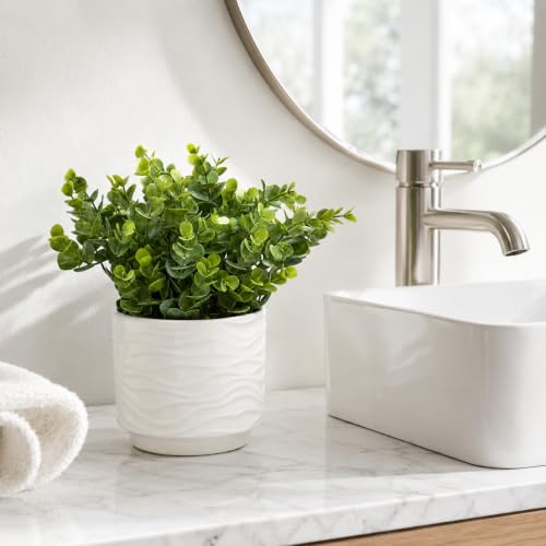 Artificial Eucalyptus Plant, 11" Faux Greenery in Ceramic Pot | Realistic leaves, ceramic pot, for shelf, desk, bathroom, office, bedroom, and living room decor