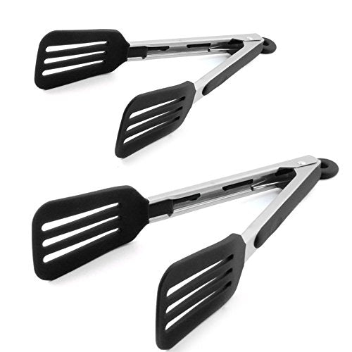 Cooking Tongs 9" and 12" Stainless Steel Kitchen Silicone Serving Tongs | Heat Resistant Meat Turner Spatula Tong Fish Tongs for Grilling Steak Salad Pasta Buffet Serving (Black) - color: Black, size: 9 & 12 inch