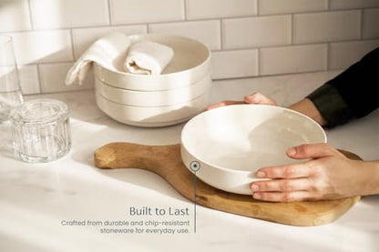 KooK Pasta Bowl, Bowl Plate, Low Bowl, Plate Bowls, Ceramic Large Shallow Bowls, Microwave and Dishwasher Safe, Great for Soups and Salads, Glossy Porcelain, 47 oz, Set of 4, White - color: White