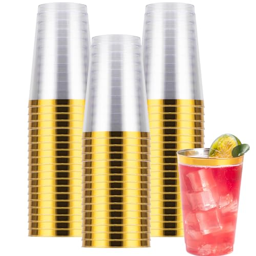 Goodluck 50PCS 14oz Gold Plastic Cups for Party, Disposable Gold Rim Cups | Plastic Cocktail Glasses for Wedding Thanksgiving, Christmas, and Parties - color: Gold-14oz, size: 50 Pack