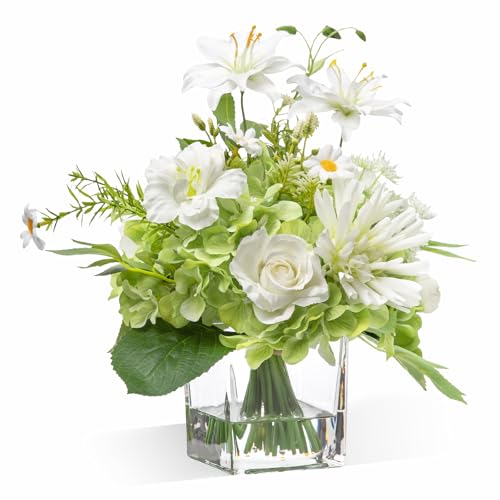 Artificial Flowers in Vase with Fake Water - White Green Silk Rose & Lily | Realistic Faux Floral Arrangements with Glass Vase for Office Home Dinning Table Birthday Party Wedding Decor - color: White & Green