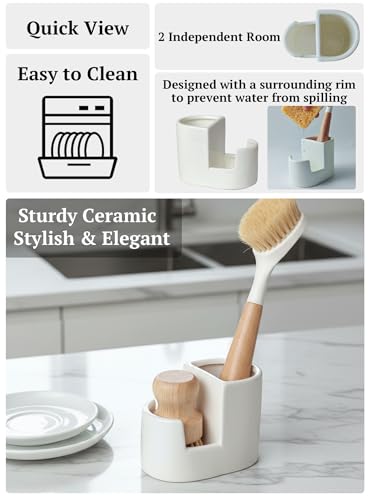Ceramic Sponge Holder for Kitchen Sink, 2-in-1 Sponge & Brush Organizer, Compact Countertop Sink Caddy with Raised Edge to Catch Drips, Keeps Countertops Dry, Dishwasher Safe, Rustproof, White - size: L-Shape