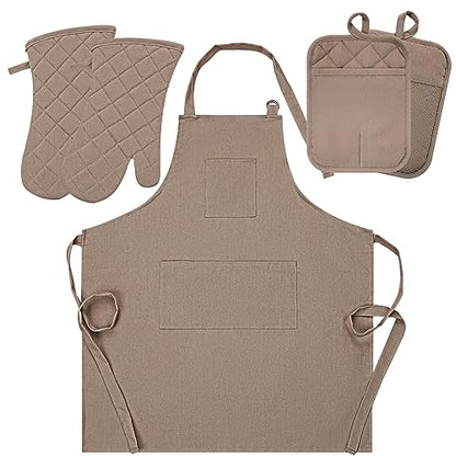 Oven Mitts and Pot Holders with Cooking Apron Set of 5, Heat Resistant Kitchen Gloves and Silicone Non-Slip Potholders, Adjustable Neck Buckle Chef Apron, Cotton Nice Design for Cooking (Coffee) - color: Coffee