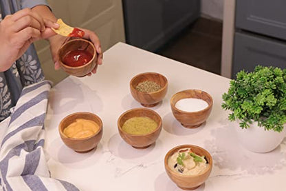 Set of 6 Acacia wood small bowls, 4 fl oz 3.2 * 2 inches | Hand carved small dipping bowls for sauce, salsa. Little bowls for ingredient prep, spices | Charcuterie boards accessories