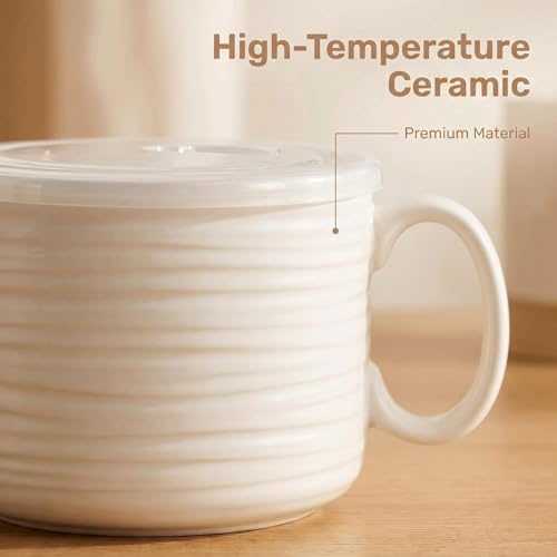 Nihow 35 OZ Large Ceramic Soup Bowl with Handle and Lid, Matte White | Microwave Safe, Dishwasher Safe, Oversized, For Ramen, Noodles, Stew, Oatmeal - color: Matte White, size: 35 OZ