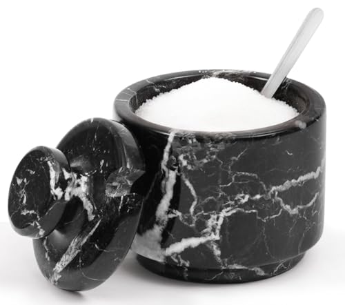 Marble Salt Cellar with Lid and Spoon 3" Black Zebra Flaky Salt, Seasoning Containers, Ideal Small Spices, Sugar Jars, kitchen accessories - color: Black