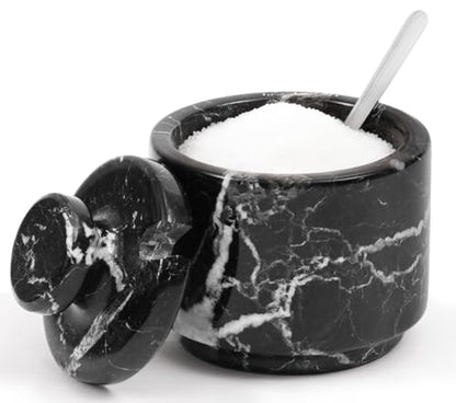 Marble Salt Cellar with Lid and Spoon 3" Black Zebra Flaky Salt, Seasoning Containers, Ideal Small Spices, Sugar Jars, kitchen accessories - color: Black