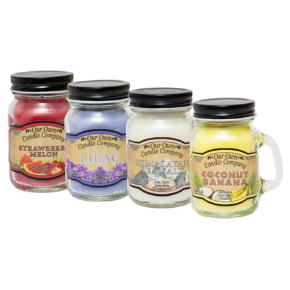 Our Own Candle Company Spring Mini Mason Jar Candles, 4 Pack, 3.5 oz Each | Coconut Banana, Himalayan Sea Salt, Lilac & Strawberry Melon scents; soy blend wax; up to 30 hours each; made in USA