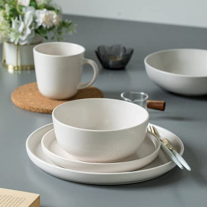 ARORA SKUGGA Round Stoneware 16pc Double Bowl Dinnerware Set for 4, Dinner and Side Plates, Cereal and Pasta Bowls - Matte White(466077) - color: White-Cereal/Pasta Bowl, style: Round-Service for 4(16pcs)