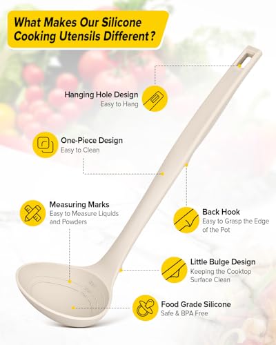 Silicone Pasta Fork and Soup Ladle Set, Heat Resistant Non Stick Kitchen Utensils with Back Hooks, Suitable for Cooking, Stirring, Serving Spaghetti, Soup, Sauce(KHAKI) - color: Khaki