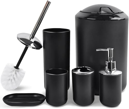 CERBIOR Bathroom Accessories Set 6 Piece Bath Ensemble, Shiny Black | Includes Soap Dispenser, Toothbrush Holder, Toothbrush Cup, Soap Dish for Decorative Countertop and Housewarming Gift - color: Shiny Black-6pcs