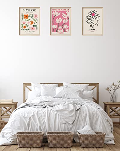 UPWOIGH Pink Floral Framed Wall Art, 12 x 16 Inch, Set of 3 | Matisse and Keith Haring Inspired Flower Prints, Pink Modern Art Designs, Light Wood Frames for Bedroom and Gallery Wall - color: Matisse Red Tokyo Flower MDF