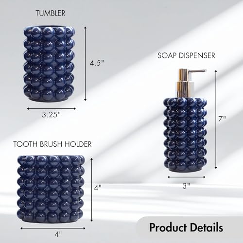 Better Trends Bathroom Accessories Set 3 Pieces Resin Bubble Textured Soap Dispenser, Toothbrush Holder & Tumbler for Vanity, Kitchen Sink & Countertop Organization Navy Nova Collection - color: Navy