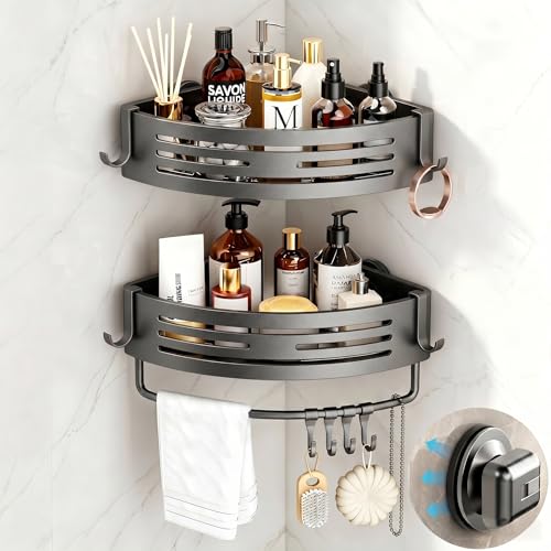 Corner Shower Caddy Suction Cup, 2 Pack Shower Shelves, Gray | No Drilling, Aluminum Alloy Shower Organizer, Rustproof Bathroom Storage Rack with Towel Bar & Hooks - color: Gray(2 Pack), size: Corners