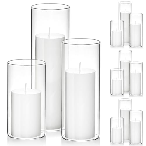 Set of 12 White Pillar Candles with Clear Glass Hurricane Holders- Elegant Cylinder Candle Vases for Weddings, Parties, Centerpieces, Home & Office Decor (White, 12 Set) - color: White, size: 12 SET