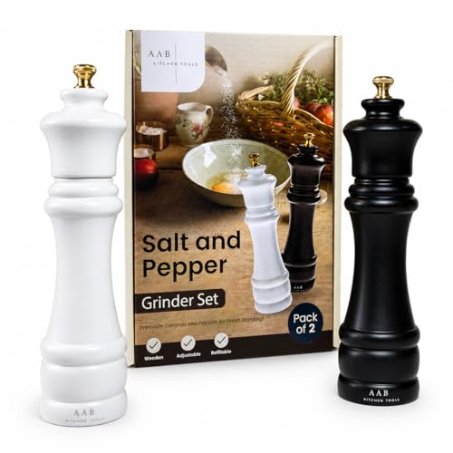 Wooden Black and White Manual Refillable Large Salt and Pepper Grinder Set, Shaker with Adjustable Ceramic Grinding Mechanism for Customized Coarseness, 8 Inches, Pack of 2