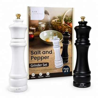 Wooden Black and White Manual Refillable Large Salt and Pepper Grinder Set, Shaker with Adjustable Ceramic Grinding Mechanism for Customized Coarseness, 8 Inches, Pack of 2