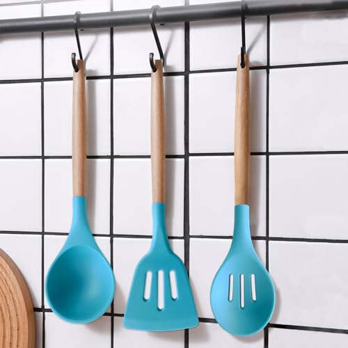 Silicone Kitchen Cooking Utensils Set, 5-Piece Non-Stick Silicone Kitchen Utensils Spatula Serving Spoons Turner Ladle Set w Wooden Handle Heat Resistant Cooking Gadgets for Nonstick Cookware - color: Light Blue, size: Standard 5-Piece Set