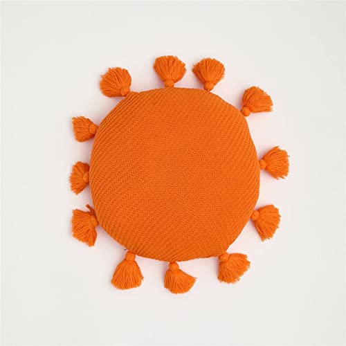 Circular Shape Soft Throw Pillow with Tassels Cute Pillow Covers with Inserts Solid Sofa Cushion Decoration for Chair Bed Couch Living Room Bedroom, 16" (Orange) - color: Orange