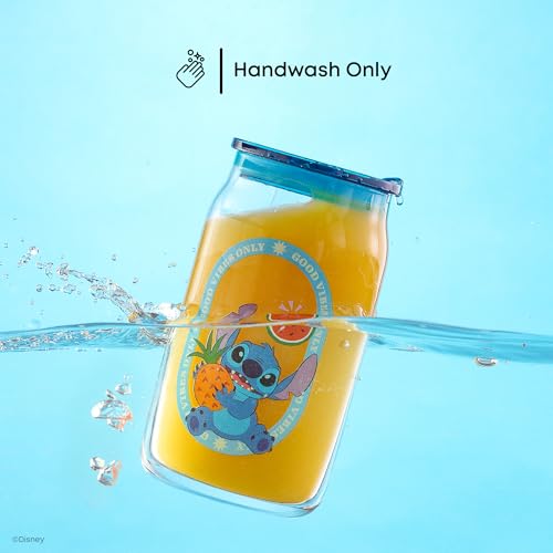 JoyJolt Disney Stitch Island Vibes Glass Tumblers with Lids and Straws, 16oz Glass Cups with Lids and Straws, Can Shaped Drinking Glasses Set of 4, Stitch Stuff, Disney Gifts for Adults - style: Stitch