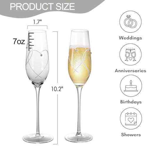 Champagne Glasses, Wedding Champagne Flutes Set of 2 | Mr and Mrs Champagne Flutes, Engraved Love Heart Design Embellished Wedding Champagne Glasses for Bride Shower Gifts