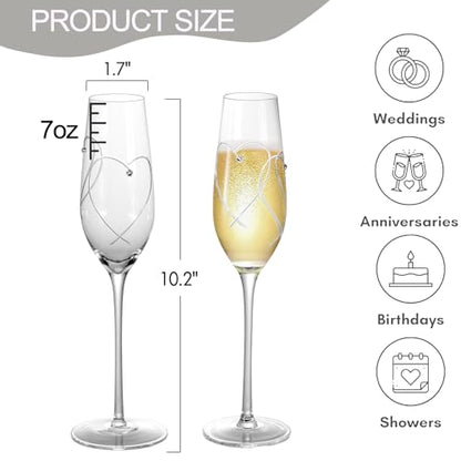 Champagne Glasses, Wedding Champagne Flutes Set of 2 | Mr and Mrs Champagne Flutes, Engraved Love Heart Design Embellished Wedding Champagne Glasses for Bride Shower Gifts