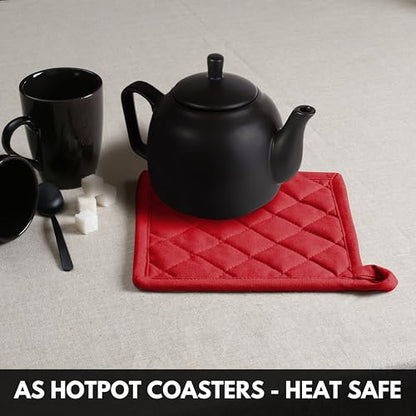 Oven Mitt + Pot Holder 100% Cotton Heat Resistant Kitchen Oven Gloves (7"x13") & Hot Pads (8"x8") for Gifts, Chef, Women & Men - Red - color: Red