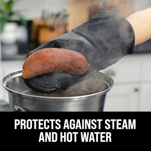 BPA-Free Silicone Oven Mitts Ultra Heat Resistant up to 500°F - Oven Mitts with Thick Cotton Liner - Long Slip Resistant Pot Holders, Flexible Oven Gloves - Black 13.7" - color: Black, size: 2-Piece 13.7" Oven Mitts