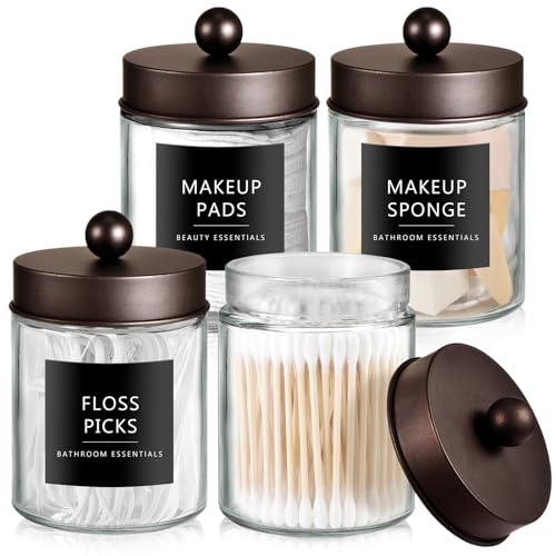 SheeChung 4 Pack Glass Qtip Holder with Bronze Stainless Steel Lids | Apothecary Jars with Stickers, Countertop Canister Guest Bathroom Storage Organizer Set for Cotton Swabs/Balls, Floss Picks - color: Bronze, size: 4 pack