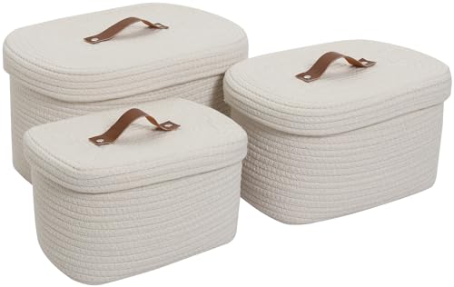 Set of 3 Nesting Woven Storage Baskets with Lids, Cotton Rope Decorative Basket Set for Shelf Closet Living Room Organizing, Rectangular Off White - color: Off White, size: 12”x8”x7”-10.5”x7”x6.3”-9.5”x6”x5.5”