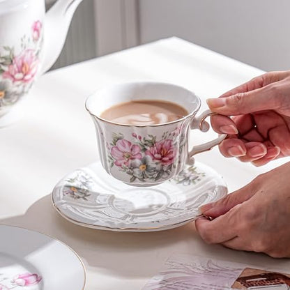 Ceramic Floral Cups with Saucers，7 oz Espresso Cups for Latte Coffee Cafe, Cappuccino and Tea (1, Pink flowers) - color: Pink Flowers