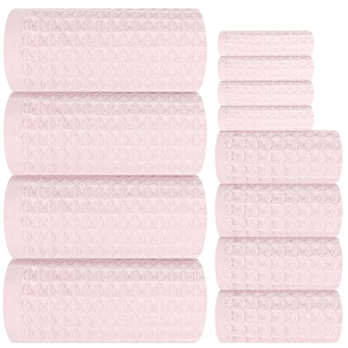 12 Piece Light Pink Waffle Bath Towel Set for Bathroom,100% Cotton Ultra Soft Bathroom Towel Set, 4 Bath Towels, 4 Hand Towels, 4 Wash Cloths, Highly Absorbent Quick Dry Shower Towels | Bathroom Towel Set, Highly Absorbent and Quick Dry, Soft Waffle Weave