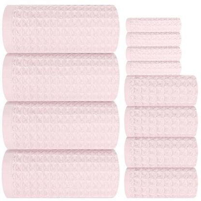 12 Piece Light Pink Waffle Bath Towel Set for Bathroom,100% Cotton Ultra Soft Bathroom Towel Set, 4 Bath Towels, 4 Hand Towels, 4 Wash Cloths, Highly Absorbent Quick Dry Shower Towels | Bathroom Towel Set, Highly Absorbent and Quick Dry, Soft Waffle Weave