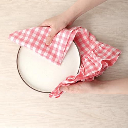HunnmingRe Watermelon Pink Kitchen Towels Set of 2, 100% Cotton Ruffled Gingham Dish Towels 18"x28" Tea Cloths Classic Plaid Pattern for Farmhouse Charm, Drying Dishes, Entertaining Guests - color: Watermelon Pink, style: Gingham