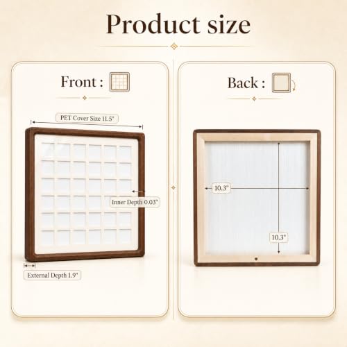12x12 Solid Walnut 36-Grid Tabletop Shadow Box with Clear PET Panel | 36-Grid Picture Frame Display Case| Walnut shadow box with clear PET panel for flowers, stamps, photos, moms, and collectors.